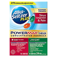 Alka-Seltzer Plus PowerMax Gels Liquid Gels, Maximum Strength Sinus & Cold Day and Night, 24 Each