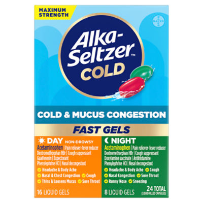 Alka-Seltzer Maximum Strength Day and Night Cold & Mucus Congestion Fast Liquid Gels, 24 Count, 24 Each