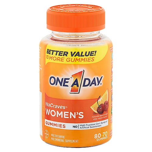 One A Day VitaCraves Women's Gummies, 80 count
Key Nutrients to Support:*
Bone Health
Heart Health†
Immune Health
Skin Health
Healthy Muscle Function
Energy Metabolism‡
*This statement has not been evaluated by the Food and Drug Administration. This product is not intended to diagnose, treat, cure, or prevent any disease.
†Not a replacement for heart medications
‡Helps convert food to fuel with vitamins B3, B5, B6, B12 and Biotin

Free of: high fructose corn syrup, artificial sweeteners and fish/shellfish, dairy (milk) and egg allergens