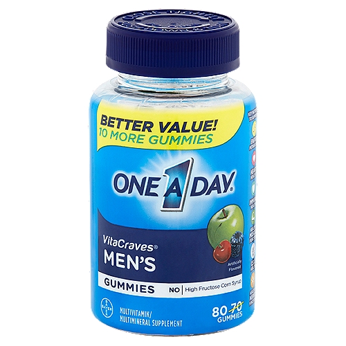 One A Day VitaCraves Men's Gummies, 80 count
Key Nutrients to Support:*
Energy Metabolism‡
Heart Health†
Immune Health
Healthy Muscle Function
Cell Health
Healthy Nerve Function
*This statement has not been evaluated by the Food and Drug Administration. This product is not intended to diagnose, treat, cure, or prevent any disease.
†Not a replacement for heart medications
‡Helps convert food to fuel with vitamins B5, B6, B12 and Biotin