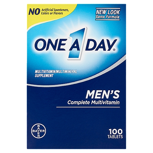 One A Day Men's Complete Multivitamin Tablets, 100 count
Multivitamin/Multimineral Supplement

Nutritional Support for 6 Key Vital Functions:*
Healthy Energy Metabolism‡
Heart Health†
Immune Health
Healthy Muscle Function
Cell Health
Healthy Blood Pressure††
‡With B vitamins to help convert food to fuel
†Not a replacement for heart medications
††To help support blood pressure levels already within the normal range.
*This statement has not been evaluated by the Food and Drug Administration. This product is not intended to diagnose, treat, cure, or prevent any disease.