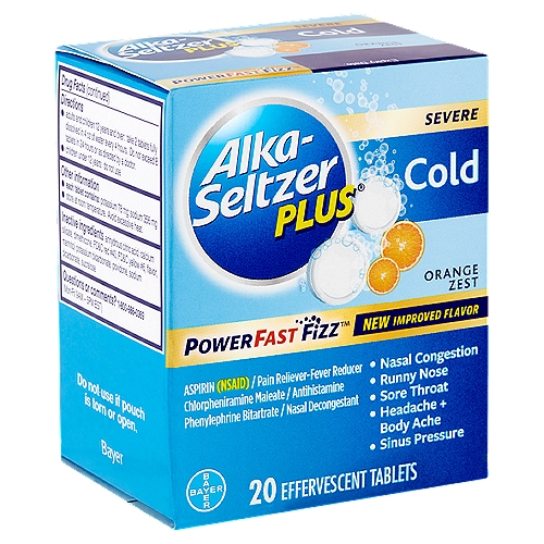 Alka-Seltzer Plus Severe Cold PowerFast Fizz Orange Zest Effervestcent Tablets, 20 count''
Drug Facts
Active ingredients (in each tablet) - Purposes
Aspirin 325 mg (NSAID)* - Pain reliever/fever reducer
Chlorpheniramine maleate 2 mg - Antihistamine
Phenylephrine bitartrate 7.8 mg - Nasal decongestant
*nonsteroidal anti-inflammatory drug

Uses
• temporarily relieves these symptoms due to a cold:
 • minor aches and pains
 • headache
 • runny nose
 • nasal and sinus congestion
 • sneezing
 • sore throat
• temporarily reduces fever