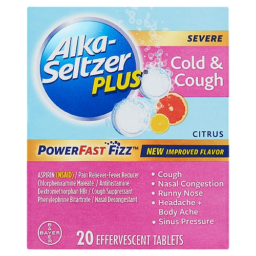 Alka-Seltzer Plus PowerFast Fizz Severe Cold & Cough Citrus Effervescent Tablets, 20 count
Drug Facts
Active ingredients (in each tablet) - Purposes
Aspirin 325 mg (NSAID)* - Pain reliever/fever reducer
Chlorpheniramine maleate 2 mg - Antihistamine
Dextromethorphan hydrobromide 10 mg - Cough suppressant
Phenylephrine bitartrate 7.8 mg - Nasal decongestant
*nonsteroidal anti-inflammatory drug

Uses
• temporarily relieves these symptoms due to a cold with cough:
 • minor aches and pains
 • headache 
 • cough
 • runny nose
 • nasal and sinus congestion
 • sneezing
 • sore throat
• temporarily reduces fever