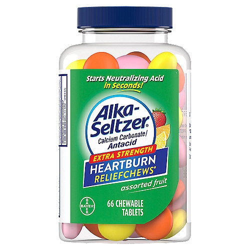 Alka-Seltzer Extra Strength Heartburn ReliefChews Assorted Fruit Chewable Tablets, 66 count
Drug Facts
Active ingredients (in each chewable tablet) - Purposes
Calcium carbonate 750 mg - Antacid

Uses
For the relief of:
• acid indigestion
• heartburn
• sour stomach
• upset stomach associated with these symptoms