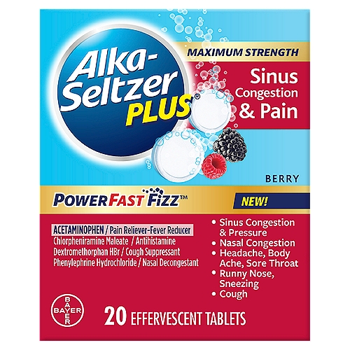 Alka-Seltzer Plus PowerFast Fizz Maximum Strength Berry Effervescent Tablets, 20 count
Maximum Strength Sinus Congestion & Pain Berry Effervescent Tablets

Drug Facts
Active ingredients (in each tablet) - Purposes
Acetaminophen 325 mg - Pain reliever/fever reducer
Chlorpheniramine maleate 2 mg - Antihistamine
Dextromethorphan hydrobromide 10 mg - Cough suppressant
Phenylephrine hydrochloride 5 mg - Nasal decongestant

Uses
• temporarily relieves these symptoms due to a cold or flu:
 • minor aches and pains
 • headache
 • cough
 • sore throat
 • runny nose
 • sneezing
 • nasal congestion
 • sinus congestion and pressure
• temporarily reduces fever