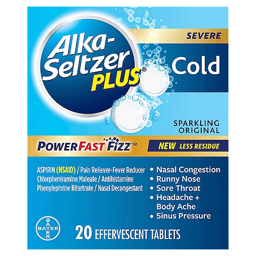 Alka-Seltzer Plus PowerFast Fizz Severe Cold Sparkling Original Effervescent Tablets, 20 count
Drug Facts
Active ingredients (in each tablet) - Purposes
Aspirin 325 mg (NSAID)*- Pain reliever/fever reducer
Chlorpheniramine maleate 2 mg - Antihistamine
Phenylephrine bitartrate 7.8 mg - Nasal decongestant
*nonsteroidal anti-inflammatory drug

Uses
• temporarily relieves these symptoms due to a cold:
 • minor aches and pains
 • headache
 • runny nose
 • nasal congestion
 • sneezing
 • sore throat
 • sinus congestion and pressure
• temporarily reduces fever