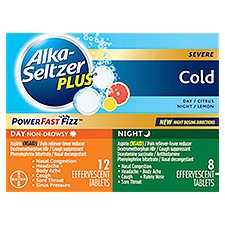 Alka-Seltzer Plus PowerFast Fizz Severe Cold Day Citrus + Night Lemon Effervescent Tablets, 20 count