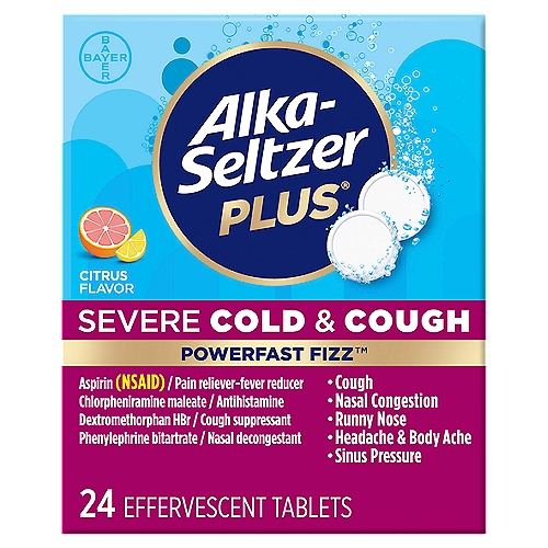 Alka-Seltzer Plus Powerfast Fizz Severe Cold & Cough Citrus Flavor Effervescent Tablets, 24 count