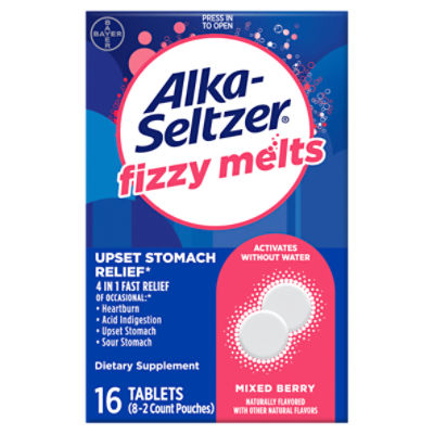 Alka-Seltzer Mixed Berry Fizzy Melts Upset Stomach Relief Dietary Supplement, 16 count