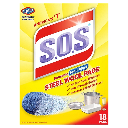 S.O.S Reusable Soap Filled Steel Wool Pads, 18 count
Clorox® from the Makers of Clorox® Products

S.O.S cleans Faster†
†Based on laboratory testing on burnt kitchen grease vs. soapy wet sponge