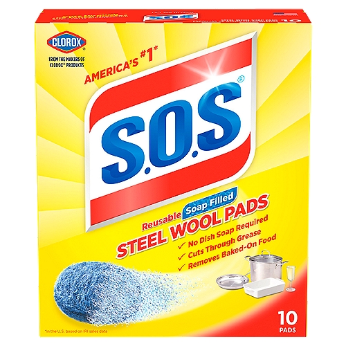 S.O.S Reusable Soap Filled Steel Wool Pads, 10 count
†Based on laboratory testing on burnt kitchen grease vs soapy wet sponge

Kitchen
Pots, pans stoves, broilers & stove tops, oven racks, glassware, glass cookware, tile floors, utensils, plates, dishes, bowls, microwave, refrigerator shelves, removes coffee & tea stains, removes sticky tags, labels & glue
Outdoor
Lawn tools, patio furniture, barbecue grills, garden tools, grill tools, golf clubs & grips
Garage
Car windshield wipers, car windshields, chrome bumpers, tires & wheels, garbage cans, hand tools
Bathroom
Tile countertops, glass shower doors, porcelain tubs & sinks, tile & linoleum floors