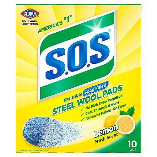 Clorox S.O.S Lemon Fresh Scent Steel Wool Pads, 10 count
America's #1*
*In the U.S. based on IRI sales data

S.O.S cleans Faster†
†Based on laboratory testing on burnt kitchen grease vs. soapy wet sponge.

Kitchen
Pots, pans stoves, broilers & stove tops, oven racks, glassware, glass cookware, tile floors, utensils, plates, dishes, bowls, microwave, refrigerator shelves, removes coffee & tea stains, removes sticky tags, labels & glue

Outdoor
Lawn tools, patio furniture, barbecue grills, garden tools, grill tools, golf clubs & grips

Garage
Car windshield wipers, car windshields, chrome bumpers, tires & wheels, garbage cans, hand tools

Bathroom
Tile countertops, glass shower doors, porcelain tubs & sinks, tile & linoleum floors