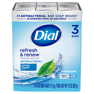 Dial Refresh & Renew Spring Water Scent Antibacterial Deodorant Bar Soap, 4 oz, 3 count, 12 Ounce