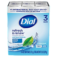 Dial Refresh & Renew Spring Water Scent Antibacterial Deodorant Bar Soap, 4 oz, 3 count