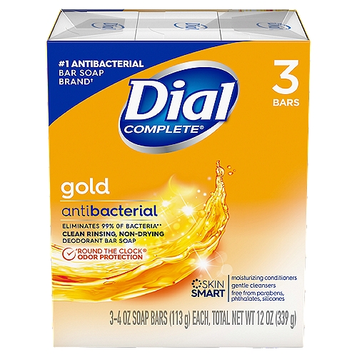 Dial Complete Gold Antibacterial Deodorant Bar Soap, 4 oz, 3 count
Eliminates 99% of Bacteria**
**In a 30 second wash test vs. S. Marcescens

Round the Clock® Odor Protection

Skin Smart formulas from Dial® are created with moisturizing conditioners & gentle cleansers to give you a balanced clean.

Drug Facts
Active ingredients - Purpose
Benzalkonium chloride 0.1% - Antibacterial

Use
For washing to decrease bacteria on the skin.
