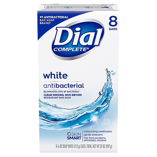 Dial Complete White Antibacterial Deodorant Bar Soap, 4 oz, 8 count