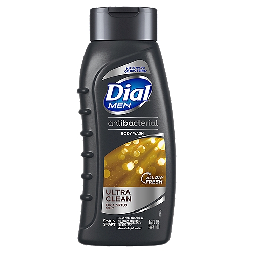 Dial Men Antibacterial Body Wash, Ultra Clean, 16 fl oz
Dial Men Antibacterial Body Wash Ultra Clean kills 99.99 percent of bacteria encountered in most household settings. This body wash is from the number 1 doctor recommended antibacterial hand and bar soap brand and effectively cleans without drying your skin. Created with clean rinse technology, Dial Men Antibacterial Body Wash provides ‘round the clock odor protection and keeps you smelling fresh morning to night. It is dermatologist tested, pH balanced, and free from parabens, phthalates, silicones, Sodium Lauryl Sulfate (SLS) / Sodium Laureth Sulfate (SLES). Dial body wash is packaged in recyclable bottles made of 50 percent post-consumer recycled plastic. Dial Men Antibacterial Body Wash has the crisp fragrance of eucalyptus.

Kills 99.9% of Bacteria*
An antibacterial body wash engineered to be simply practical: kill bacteria*, rinse, adn smell freh with the crisp fragrance of eucalyptus.
*Encountered in household settings

Free from parabens, phthalates, silicones, SLS/SLES**
**Sodium lauryl sulfate/sodium laureth sulfate

Drug Facts
Active ingredient - Purpose
Benzalkonium Chloride 0.13% - Antibacterial

Use
For cleansing to decrease bacteria on skin.