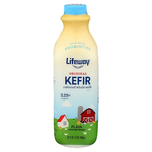Lifeway Original Plain Kefir, 32 fl oz
3.25% Milkfat*
Unsweetened*
Excellent source of calcium & vitamin D*
Good source of protein*
*Not a low calorie food. See nutrition information for saturated fat content.

What is Kefir?
Kefir, known as the champagne of dairy, has been enjoyed for over 2000 years. The probiotic cultures found in this bottle may help support immunity and healthy digestion and have contributed to the extensive folklore surrounding this beverage. Referred to in ancient texts, kefir is more than a probiotic superfood; kefir is a storied historic artifact.

May support a healthy immune system**
May promote a balanced and diverse microbiome**
**As part of a balanced and healthy diet.

12 Live & Active Probiotic Cultures
B. breve, B. lactis, B. longum, L. acidophilus, L. casei, L. cremoris, L. lactis, L. plantarum, L. reuteri, L. rhamnosus, S. diacetylactis, S. florentinus

25-30 Billion CFU†
†At Time of Manufacture

We use milk that has not been treated with artificial hormones or antibiotics.‡
‡No significant difference has been shown between milk derived from rBST treated cows and non-rBST treated cows.

Probiotics for immune system support*
*As part of a balanced and healthy diet. 