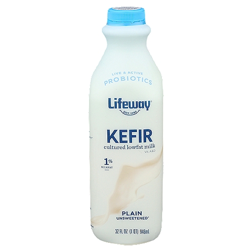 Lifeway Probiotic Plain Unsweetened Kefir, 32 fl oz
Cultured Lowfat Milk

What is Kefir?
Kefir, known as the champagne of dairy, has been enjoyed for over 2000 years. The probiotic cultures found in this bottle may help support immunity and healthy digestion and have contributed to the extensive folklore surrounding this beverage. Referred to in ancient texts, kefir is more than a probiotic superfood; kefir is a storied historic artifact.

Healthy Made Easy
Starts with 3 simple ingredients
Naturally gluten free
Lactose intolerance friendly
May support a healthy immune system**
May promote a balanced and diverse microbiome**
Rich in calcium and vitamin D
**As part of a balanced and healthy diet.

12 Live & Active Probiotic Cultures
B. breve, B. lactis, B. longum, L. acidophilus, L. casei, L. cremoris, L. lactis, L. plantarum, L. reuteri, L. rhamnosus, S. diacetylactis, S. florentinus

25-30 Billion CFU†
†At Time of Manufacture

We use milk that has not been treated with artificial hormones.‡
‡No significant difference has been shown between milk derived from rBST treated cows and non-rBST treated cows.