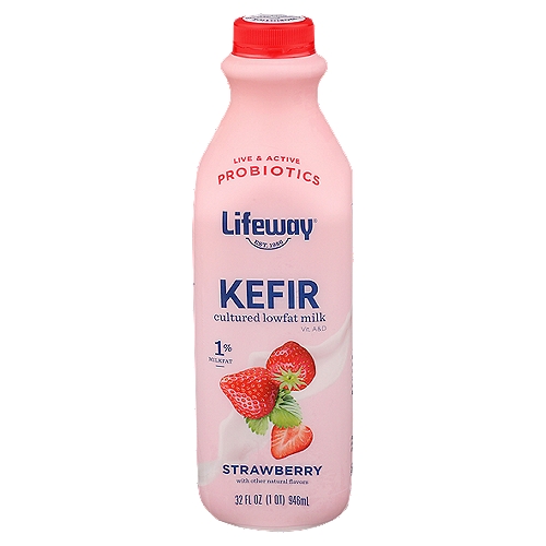 Lifeway Strawberry Kefir, 32 fl oz
What is Kefir?
Kefir, known as the Champagne of Dairy, has been enjoyed for over 2000 years. The probiotic cultures found in this bottle may help support immunity and healthy digestion and have contributed to the extensive folklore surrounding this beverage. Referred to in ancient texts, kefir is more than a probiotic superfood; kefir is a storied historic artifact.

May support a healthy immune system**
May promote a balanced and diverse microbiome**
**As part of a balanced and healthy diet.

12 Live & Active Probiotic Cultures
B. breve, B. lactis, B. longum, L. acidophilus, L. casei, L. cremoris, L. lactis, L. plantarum, L. reuteri, L. rhamnosus, S. diacetylactis, S. florentinus

25-30 Billion CFU†
†At Time of Manufacture

We use milk that has not been treated with artificial hormones or antibiotics.‡
‡ No significant difference has been shown between milk derived from rBST treated cows and non-rBST treated cows.