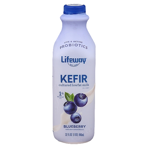 Lifeway Blueberry Kefir, 32 fl oz
What is Kefir?
Kefir, known as the champagne of dairy, has been enjoyed for over 2000 years. The probiotic cultures found in this bottle may help support immunity and healthy digestion and have contributed to the extensive folklore surrounding this beverage. Referred to in ancient texts, kefir is more than a probiotic superfood; kefir is a storied historic artifact.

May support a healthy immune system**
May promote a balanced and diverse microbiome**
**As part of a balanced and healthy diet.

12 Live & Active Probiotic Cultures
B. breve, B. lactis, B. longum, L. acidophilus, L. casei, L. cremoris, L. lactis, L. plantarum, L. reuteri, L. rhamnosus, S. diacetylactis, S. Florentinus

25-30 Billion CFU†
†At Time of Manufacture

We use milk that has not been treated with artificial hormones.‡
‡No significant difference has been shown between milk derived from rBST treated cows and non-rBST treated cows.