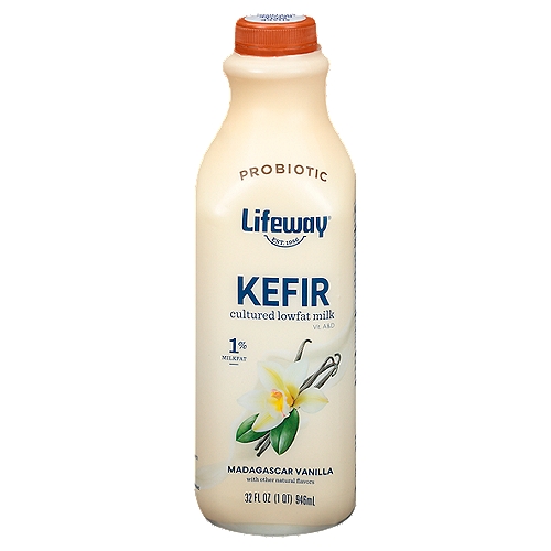 Lifeway Probiotic Madagascar Vanilla Kefir, 32 fl oz
Cultured Lowfat Milk

What is Kefir?
Kefir, known as the champagne of dairy, has been enjoyed for over 2000 years. The probiotic cultures found in this bottle may help support immunity and healthy digestion and have contributed to the extensive folklore surrounding this beverage. Referred to in ancient texts, kefir is more than a probiotic superfood; kefir is a storied historic artifact.

12 Live & Active Probiotic Cultures
B. breve, B. lactis, B. longum, L. acidophilus, L. casei, L. cremoris, L. lactis, L. plantarum, L. reuteri, L. rhamnosus, S. diacetylactis, S. florentinus

25-30 Billion CFU†
†At Time of Manufacture

We use milk that has not been treated with artificial hormones or antibiotics.‡
‡No significant difference has been shown between milk derived from rBST treated cows and non-rBST treated cows.