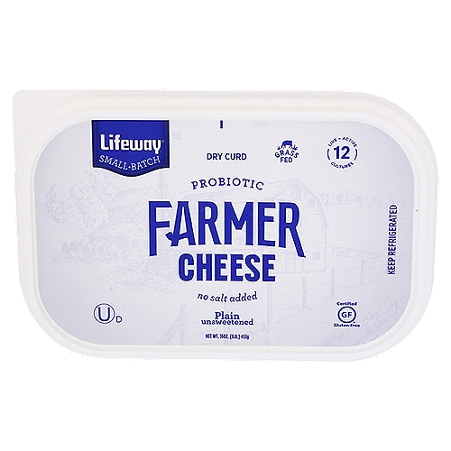 Lifeway Plain Unsweetened Farmer Cheese, 16 oz
Cultured after pasteurization.
We only use milk that comes from cows that are not treated with antibiotics or synthetic growth hormones.‡
‡No Significant Difference Has Been Shown Between Milk Derived from rBST Treated Cows and Non-rBST Treated Cows.