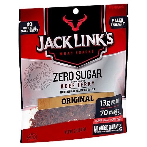 Jack Link's Original Zero Sugar Beef Jerky, 2.3 oz
Fresh-Lock® zipper

13g Protein*
70 Calories*
*Per serving

Jack Link's Zero Sugar Beef Jerky*...the awesome jerky you've come to love from Jack Link's, but with 0g of sugar! And no artificial sweeteners, either.
This great tasting jerky is made with 100% beef and is an excellent source of protein. Just like all our jerky, it's made with the highest quality meat, crafted, seasoned and naturally smoked, following recipes passed down through the Link family for generations-but with 0g sugar!
We hope you'll enjoy this delicious, satisfying zero sugar snack*. Thank you for your patronage and remember to feed your wild side!
*Not a Low Calorie Food
FeedYourWildSide.®

No Added Nitrates
Except for those naturally occurring in cultured celery extract
No Added MSG
Except for that naturally occurring in yeast extract and soy sauce