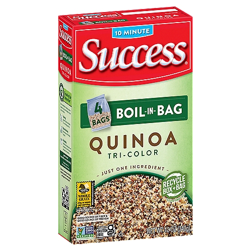 Success Boil-in-Bag 100% Tri-Color Quinoa, 4 count, 12 oz
Quinoa (pronounced keen-wa) is a good source of fiber and a complete protein - containing all nine essential amino acids. This ancient seed is grouped with other grains because of the similar texture and experience it offers. When cooked, quinoa is light and fluffy, has a nutty flavor and slightly chewy texture.
Quinoa offers recipe versatility and can be used in recipes from breakfast through desserts, as well as hot and cold dishes.