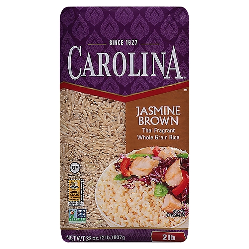 Carolina Jasmine Brown Thai Fragrant Whole Grain Rice, 32 oz
Create unique meals that taste great and are made with whole grains! Choose Carolina® Jasmine Brown Rice for your next flavor exploration. Brown rice has more nutrients and fiber than white rice, while still delivering the aromatic fragrance from Jasmine rice. The distinct flavor in Carolina® Jasmine Brown Rice will set your dishes apart from the rest. Carolina Rice Unites™.
