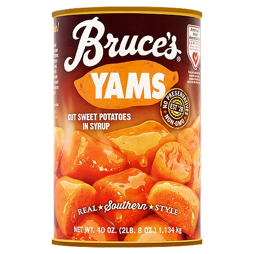 Bruce's Yams Cut Sweet Potatoes in Syrup, 40 oz
There's Power In the Yams
Discover earth's natural superfood!
• All natural with no additives or preservatives
• Made with all natural cane sugar
• Excellent source of vitamin A and beta carotene
• No artificial flavors
• Naturally gluten free
• Non-GMO
Enjoy them sliced, diced, baked or blended.