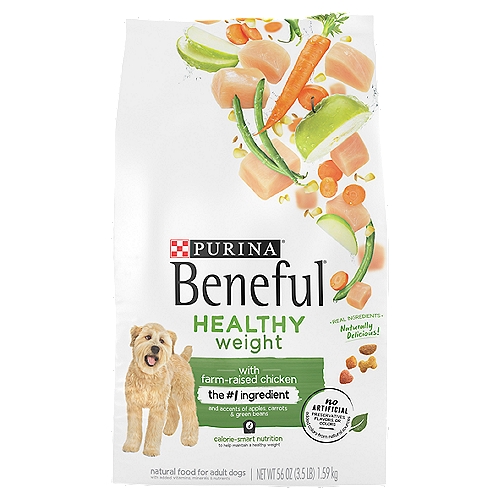 Purina Beneful Healthy Weight with Farm-Raised Chicken Food for Adult Dogs, 56 oz
The wholesome ingredients you want.
A flavorful recipe your dog will love.

Beneful Healthy Weight with Farm-Raised Chicken is formulated to meet the nutritional levels established by the AAFCO Dog Food Nutrient Profiles for maintenance of adult dogs.

10% fewer calories than Beneful Originals with Farm-Raised Beef