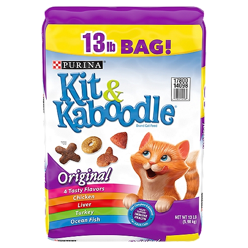 Purina Kit & Kaboodle Dry Cat Food, Original - 13 lb. Bag
Oodles of Taste and Nutrition!
4 Cat-pleasing flavors: chicken, liver, turkey & ocean fish in four fun shapes!
Helps Support:
✓ Healthy heart & vision
✓ Immune health
✓ Healthy skin & coat
It really is the whole "Kit & Kaboodle"!

Purina Kit & Kaboodle Original is formulated to meet the nutritional levels established by the AAFCO Cat Food Nutrient Profiles for maintenance of adult cats.

Feed your friendly feline a taste she loves when filling her bowl with Purina Kit and Kaboodle Original adult dry cat food. This tasty blend of four delicious flavors — chicken, liver, turkey and ocean fish — offers 100 percent complete and balanced nutrition designed especially for adult cats, all with a taste she craves throughout the day. With no room for bowl boredom, this nutritious blend offers a variety of shapes — four to be exact — to couple with its cat-thrilling combination of palate-pleasing goodness. Give yourself peace of mind knowing your furry friend is gaining the daily nourishment she needs while also making mealtime an adventure when you supply her with this adult cat food kibble. It really is the whole kit and kaboodle. Stop the comparison shopping; when you order Kit and Kaboodle Original, you're providing your pet with a Purina cat food that's backed by over 90 years of research and innovation from a brand you can trust.