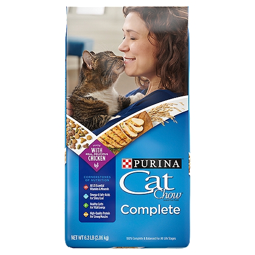 Purina Cat Chow High Protein Dry Cat Food, Complete - 6.3 lb. Bag
Cornerstones of Nutrition
All 25 essential vitamins & minerals
Omega-6 fatty acids for shiny coat
Healthy carbs for vital energy
High-quality protein for strong muscles

Nutrition to Make Every Moment Complete
For cats to live their best and brightest, their food needs the right balance of protein, fats, carbohydrates and great taste. That's the purpose of our Cornerstones of Nutrition - your guide to ensuring the nutrients in our food, including protein from real, farm-raised chicken and omega-6 fatty acids, are balanced, complete and delicious.

Purina Cat Chow Complete is formulated to meet the nutritional levels established by the AAFCO Cat Food Nutrient Profiles for all life stages.

Give your cat the nutrition she needs for a long, healthy life with you when you serve Purina Cat Chow Complete dry cat food. This delicious recipe is made with real and farm-raised chicken and supplies high-quality protein to support strong muscles. Plus, it has healthy carbs for vital energy and omega-6 fatty acids to help promote a shiny coat. Purina Cat Chow Complete is formulated to nourish cats at every stage of life, from kittens to adult cats, providing them with 25 essential vitamins and minerals to support overall health. Wholesome ingredients in this high protein dry cat food give you confidence that your feline friend is getting a quality meal in her dish, and 100 percent complete and balanced nutrition helps to support her overall health and wellness. Give your cat the four cornerstones of nutrition at every feeding, including high-quality protein, healthy carbs, essential fatty acids, and essential vitamins and minerals. With a great-tasting recipe, this Purina Cat Chow dry cat food provides Nutrition to make every moment complete for cats to live their best and brightest.