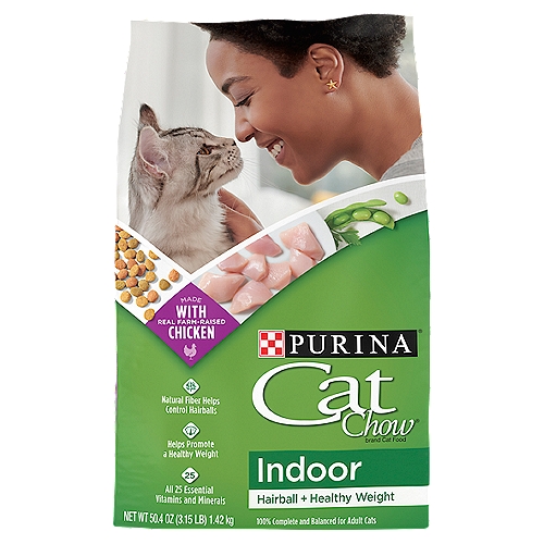 Purina Cat Chow Indoor Hairball + Healthy Weight Cat Food, 50.4 oznNutrition for Savoring the Great IndoorsnLiving indoors means your cat has constant companionship, as well as a safe home. But indoor cats can also be less active and more prone to hairballs. To help indoor cats feel their best, we include added fiber to control hairballs and tailored the formula to help promote a healthy weight.nnCat Chow Indoor Hairball + Healthy Weight is formulated to meet the nutritional levels established by the AAFCO Cat Food Nutrient Profiles for maintenance of adult cats.