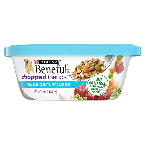 Purina Beneful Chopped Blends Dog Food with Beef, Carrots, Peas & Barley, 10 oz
Beneful Chopped Blends With Beef, Carrots, Peas & Barley is formulated to meet the nutritional levels established by the AAFCO Dog Food Nutrient Profiles for maintenance of adult dogs.