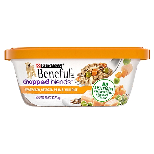 Purina Beneful Chopped Blends with Chicken, Carrots, Peas & Wild Rice Dog Food, 10 oz
Beneful Chopped Blends with Chicken, Carrots, Peas & Wild Rice is formulated to meet the nutritional levels established by the AAFCO Dog Food Nutrient Profiles for maintenance of adult dogs