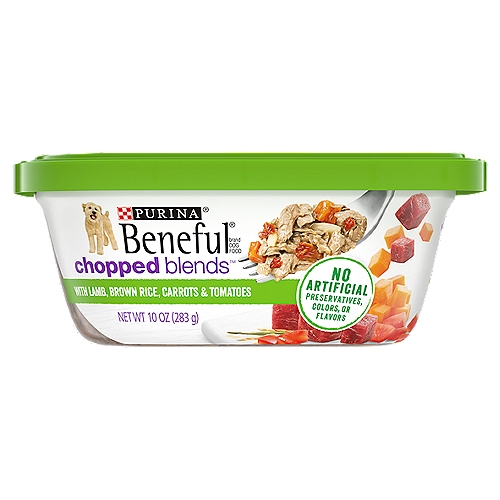 Purina Beneful Chopped Blends Dog Food with Lamb, Brown Rice, Carrots, Tomatoes & Spinach, 10 oz
Beneful Chopped Blends With Lamb, Brown Rice, Carrots, Tomatoes & Spinach is formulated to meet the nutritional levels established by the AAFCO Dog Food Nutrient Profiles for maintenance of adult dogs.