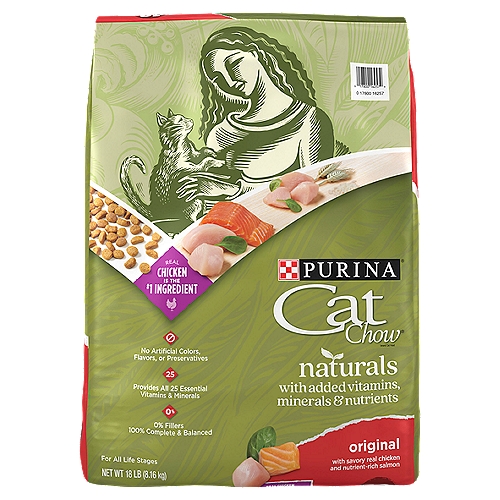 Purina Cat Chow Natural Dry Cat Food, Naturals Original - 18 lb. Bag
Trusted Nutrition
Checked for quality & safety

Cat Chow Naturals is formulated to meet the nutritional levels established by the AAFCO Cat Food Nutrient Profiles for all life stages of cats.

Bring natural ingredients to your cat's dish when you serve Purina Cat Chow Naturals Original With Added Vitamins, Minerals and Nutrients dry cat food. This recipe features real chicken as the number 1 ingredient. Our wholesome cat food is also made with real salmon, whole grains and leafy greens. Formulated for all life stages, this delicious dry food for cats follows your feline from her kitten days through her adult years. Free of artificial flavors and preservatives, this recipe delivers more of the ingredients you want without the ones you don't. Your cat gets 100 percent complete and balanced dry cat food at mealtime, and you get the comfort that comes from giving her a natural cat food that's backed by a trusted brand. With 25 essential vitamins and minerals in every bag, this dry cat food gives her the nutrition she needs to help her live a long, happy life with you. Make this meal a part of her daily feeding routine, and show your cat you care about her health and wellness.