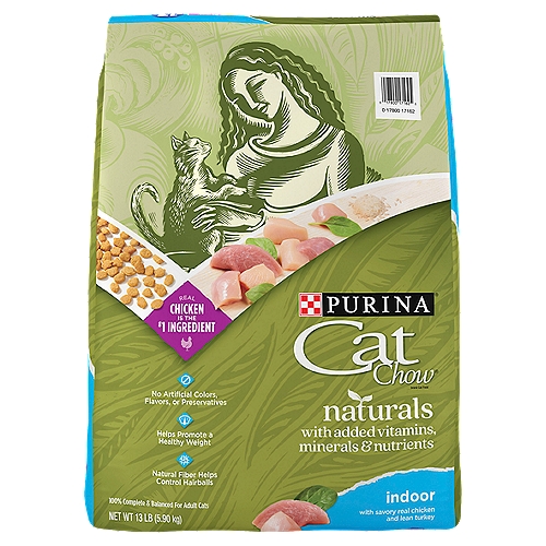 How do you help your cat feel naturally great inside?nThe Chow® is HownNatural fiber blend helps control hairballsnFormulated to help maintain a healthy weightnNo artificial colors, flavors or preservativesnReal chicken is the #1 ingredientnnPurina Cat Chow Naturals Indoor is formulated to meet the nutritional levels established by the AAFCO Cat Food Nutrient Profiles for maintenance of adult cats.