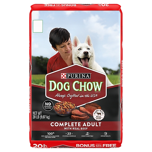 20.00 lb. Made with Real Beef. 100% Complete & Balanced for Adult Dogs. 23 Vitamins & Minerals. Immune Health. Skin & Coat.