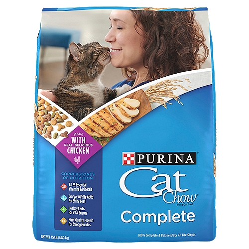 Purina Cat Chow High Protein Dry Cat Food, Complete - 15 lb. Bag
Cornerstones of Nutrition
All 25 essential vitamins & minerals
Omega-6 fatty acids for shiny coat
Healthy carbs for vital energy
High-quality protein for strong muscles

Nutrition to Make Every Moment Complete
For cats to live their best and brightest, their food needs the right balance of protein, fats, carbohydrates and great taste. That's the purpose of our Cornerstones of Nutrition - your guide to ensuring the nutrients in our food, including protein from real, farm-raised chicken and omega-6 fatty acids, are balanced, complete and delicious.
Formulated to help cats live a long healthy life
Made with real, farm-raised chicken
Helps support a healthy immune system

Purina Cat Chow Complete is formulated to meet the nutritional levels established by the AAFCO Cat Food Nutrient Profiles for all life stages.

Give your cat the nutrition she needs for a long, healthy life with you when you serve Purina Cat Chow Complete dry cat food. This delicious recipe is made with real and farm-raised chicken and supplies high-quality protein to support strong muscles. Plus, it has healthy carbs for vital energy and omega-6 fatty acids to help promote a shiny coat. Purina Cat Chow Complete is formulated to nourish cats at every stage of life, from kittens to adult cats, providing them with 25 essential vitamins and minerals to support overall health. Wholesome ingredients in this high protein dry cat food give you confidence that your feline friend is getting a quality meal in her dish, and 100 percent complete and balanced nutrition helps to support her overall health and wellness. Give your cat the four cornerstones of nutrition at every feeding, including high-quality protein, healthy carbs, essential fatty acids, and essential vitamins and minerals. With a great-tasting recipe, this Purina Cat Chow dry cat food provides Nutrition to make every moment complete for cats to live their best and brightest.