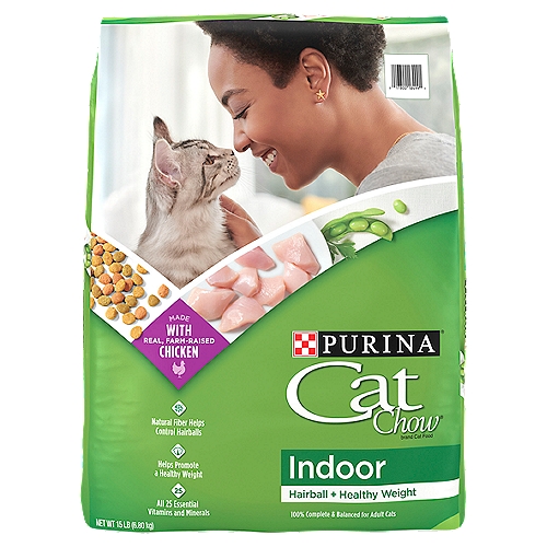Purina Cat Chow Indoor Hairball + Healthy Weight Cat Food, 15 lb
Nutrition for Savoring the Great Indoors
Living indoors means your cat has constant companionship, as well as a safe home. But indoor cats can also be less active and more prone to hairballs. To help indoor cats feel their best, we include added fiber to control hairballs and tailored the formula to help promote a healthy weight.

Cat Chow Indoor Hairball + Healthy Weight is formulated to meet the nutritional levels established by the AAFCO Cat Food Nutrient Profiles for maintenance of adult cats.