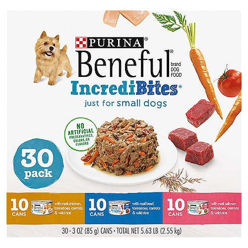Purina Beneful IncrediBites Dog Food Variety Pack, 3 oz, 30 count
Beneful IncrediBites with Real Chicken, Tomatoes, Carrots & Wild Rice is formulated to meet the nutritional levels established by the AAFCO Dog Food Nutrient Profiles for maintenance of adult dogs.

Beneful IncrediBites with Real Beef, Tomatoes, Carrots & Wild Rice is formulated to meet the nutritional levels established by the AAFCO Dog Food Nutrient Profiles for maintenance of adult dogs.

Beneful IncrediBites with Real Salmon, Tomatoes, Carrots & Wild Rice is formulated to meet the nutritional levels established by the AAFCO Dog Food Nutrient Profiles for maintenance of adult dogs.

Big nutrition in just his size
• high-protein recipes formulated specifically for small dogs
• made with real beef chicken or salmon
• blended with vegetables you can see
• no artificial colors, flavors, or preservatives
• serve alone or mix with your dog's favorite kibble