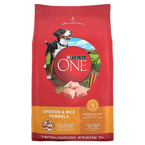 Purina ONE SmartBlend Chicken & Rice Formula Adult Dog Food, 4 lb
See the differences Purina ONE® SmartBlend® can make.
Strong Immune System
Supported by an antioxidant blend of vitamins E & A and minerals zinc & selenium

Highly Digestible
More nutrition goes to work inside, so you may see small, firm stools

Healthy Skin & Coat
Supported by omega-6 fatty acids, vitamins &minerals

Strong Muscles, Including a Healthy Heart
Supported by high-quality sources of protein, including real chicken as the #1 ingredient

Healthy Energy
Supported by the natural SmartBlend® of nutrition in every bag

Bright Eyes
Supported by vitamins E & A

Strong Teeth & Healthy Gums
Crunchy kibble and calcium helps support strong, healthy teeth and gums

Healthy Joints
Supported by a natural source of glucosamine

Taste
Crunchy bites and tender morsels help keep him coming back meal after meal

Animal feeding tests using AAFCO procedures substantiate that Purina ONE SmartBlend Chicken & Rice Formula provides complete and balanced nutrition for maintenance of adult dogs.