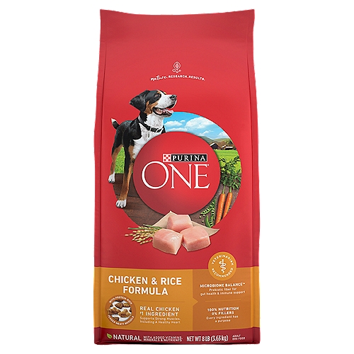 Purina ONE SmartBlend Chicken & Rice Formula Dog Food, Adult, 8 lb
What Makes SmartBlend® Smart?
Our team of dog experts and nutritionists takes the best nature has to offer and combines these ingredients to create naturally smart nutrition that delivers the nutrients dogs need. 100% nutrition for adult dogs and 0% fillers means every ingredient serves a purpose.

See the differences Purina ONE® SmartBlend® can make.
Strong Immune System
Supported by an antioxidant blend of vitamins E & A and minerals zinc & selenium

Highly Digestible
More nutrition goes to work inside, so you may see smaller, firmer stools

Healthy Skin & Coat
Supported by omega-6 fatty acids, vitamins & minerals

Strong Muscles, Including a Healthy Heart
Supported by high-quality sources of protein, including real chicken as the #1 ingredient

Healthy Energy
Supported by the natural SmartBlend® of nutrition in every bag

Bright Eyes
Supported by vitamins E & A

Healthy Teeth & Gums
Crunchy kibble cleans teeth & helps keep gums healthy

Healthy Joints
Supported by a natural source of glucosamine

Taste
Crunchy bites and tender morsels help keep him coming back meal after meal

Animal feeding tests using AAFCO procedures substantiate that Purina ONE SmartBlend Chicken & Rice Formula provides complete and balanced nutrition for maintenance of adult dogs.