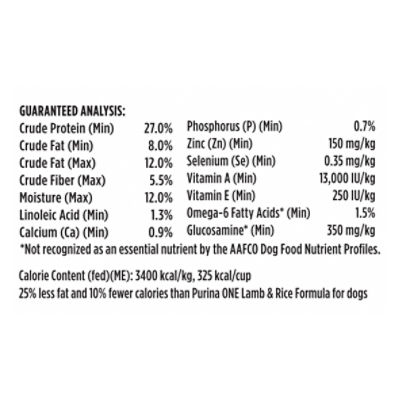 Purina one lamb and rice store nutritional information