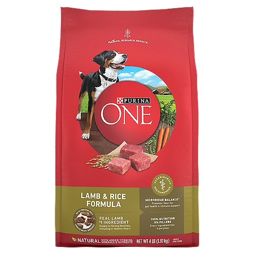 Purina ONE SmartBlend Lamb & Rice Formula Adult Dog Food, 4 lb
Inspired by Nature, Advanced by Research™

What Makes SmartBlend® Smart?
Our team of dog experts and nutritionists takes the best nature has to offer and combines these ingredients to create naturally smart nutrition that delivers the nutrients dogs need. 100% nutrition for adult dogs and 0% fillers means every ingredient serves a purpose.

See the differences
Purina ONE® SmartBlend® can make.

Strong Immune System
Supported by an antioxidant blend of vitamins E & A and minerals zinc & selenium

Highly Digestible
More nutrition goes to work inside, so you may see small, firm stools

Healthy Skin & Coat
Supported by omega-6 fatty acids, vitamins & minerals

Strong Muscles, Including a Healthy Heart
Supported by high-quality sources of protein, including real lamb as the #1 ingredient

Healthy Energy
Supported by the natural SmartBlend® of nutrition in every bag

Bright Eyes
Supported by vitamins E & A

Strong Teeth & Healthy Gums
Crunchy kibble and calcium helps support strong, healthy teeth and gums

Healthy Joints
Supported by a natural source of glucosamine

Taste
Crunchy bites and tender morsels help keep him coming back meal after meal

Animal feeding tests using AAFCO procedures substantiate that Purina ONE SmartBlend Lamb & Rice Formula provides complete and balanced nutrition for maintenance of adult dogs.