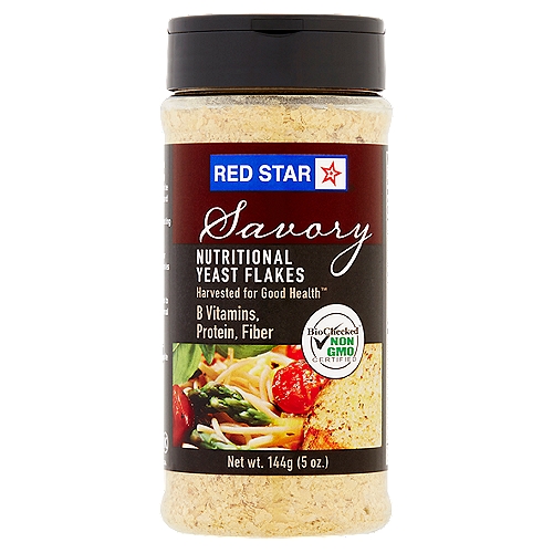 Red Star Savory Nutritional Yeast Flakes, 5 oz
Nutritional yeast flakes were first manufactured in 1975. This fortified food product is a valuable source of high quality protein, amino acids, vitamins and fiber.

Red Star® Nutritional Yeast Flakes is a tasty food product that can be added to your meals and drink. Sprinkle on popcorn for a great tasting snack.