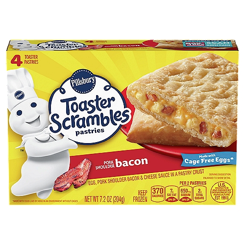 Pillsbury Toaster Scrambles Bacon Pastries, 4 count, 7.2 oz
Egg, Bacon & Cheese Sauce in a Pastry Crust

25% More Bacon & Eggs! Compared to Previous Toaster Scrambles

Try delicious Pillsbury™ Bacon Toaster Scrambles™ pastries! Enjoy real crispy bacon, scrambled eggs and melted cheese sauce in a golden, flaky crust.